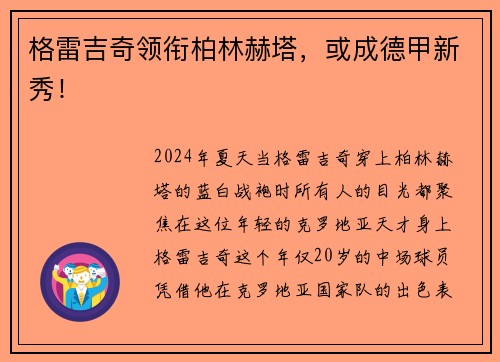格雷吉奇领衔柏林赫塔,或成德甲新秀!