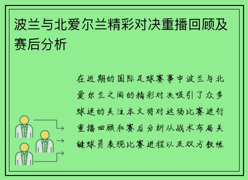 波兰与北爱尔兰精彩对决重播回顾及赛后分析