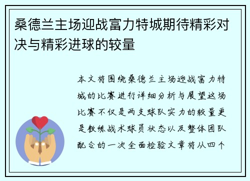 桑德兰主场迎战富力特城期待精彩对决与精彩进球的较量