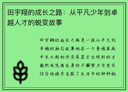 田宇翔的成长之路：从平凡少年到卓越人才的蜕变故事