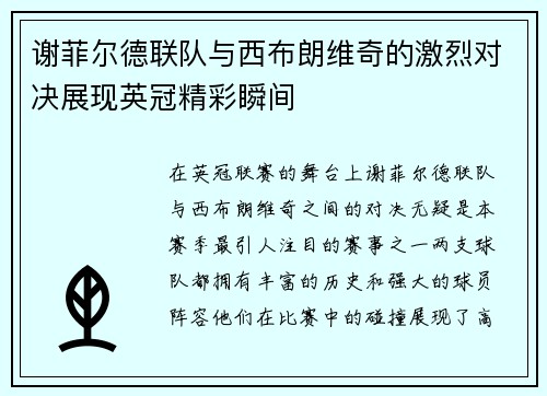 谢菲尔德联队与西布朗维奇的激烈对决展现英冠精彩瞬间