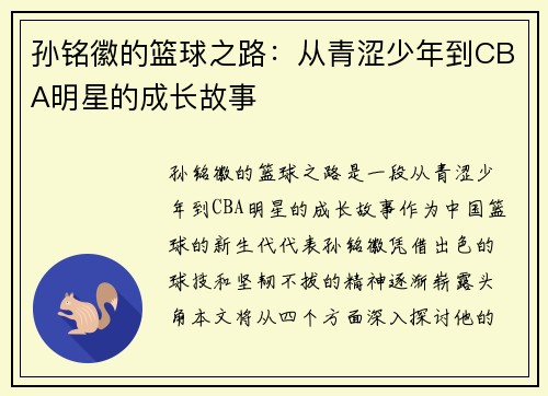 孙铭徽的篮球之路：从青涩少年到CBA明星的成长故事
