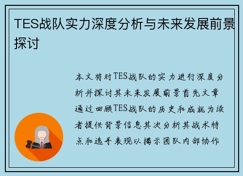 TES战队实力深度分析与未来发展前景探讨