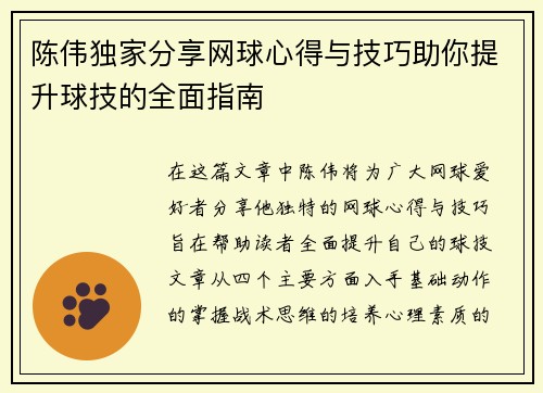 陈伟独家分享网球心得与技巧助你提升球技的全面指南