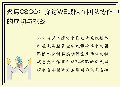 聚焦CSGO:探讨WE战队在团队协作中的成功与挑战